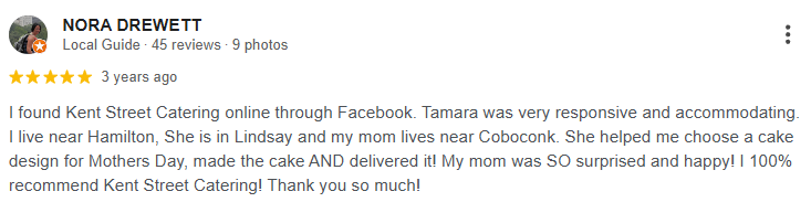 Screenshot of review from Nora Drewett